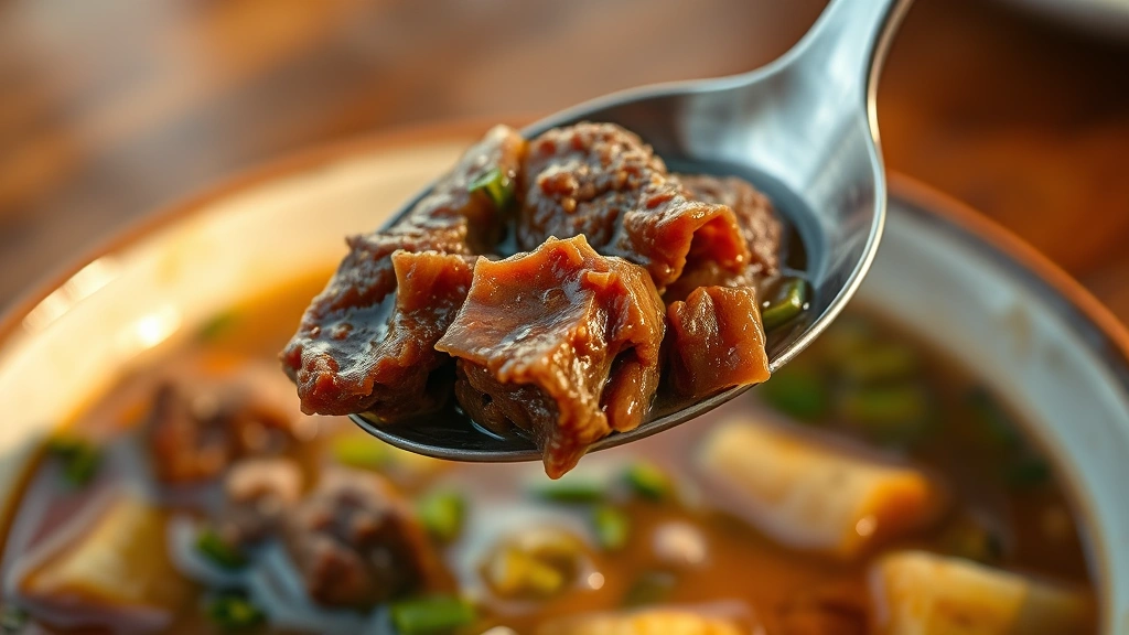detail: close-up spoon lifting tender beef from broth showing fall-apart texture, vegetables in rich golden broth, water droplets on bowl rim, shallow depth of field, warm golden hour lighting