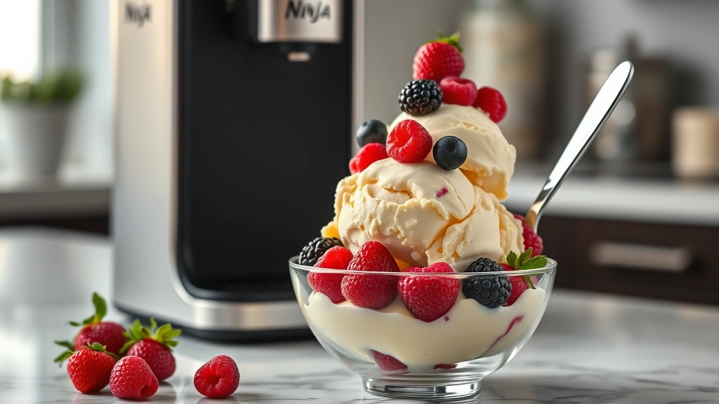 hero: creamy vanilla ice cream scooped from Ninja Creami machine, topped with fresh berries, bowl on marble counter, photorealistic, natural soft window light, no text