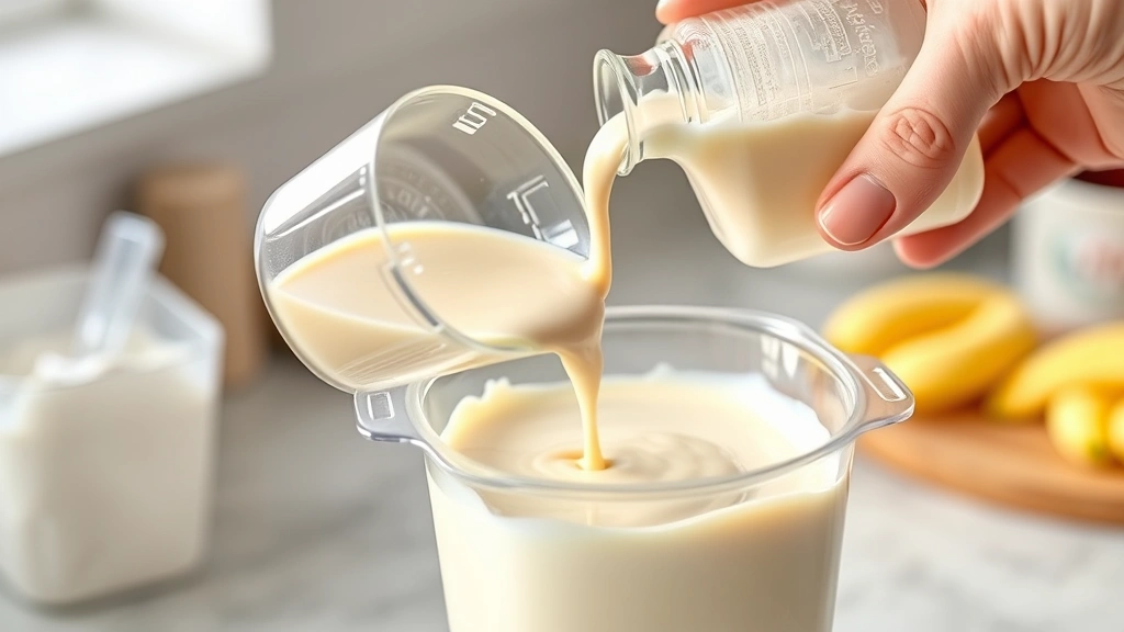 process: pouring vanilla mixture into Creami container, hand holding pitcher, frozen container visible, photorealistic, natural kitchen light, no text