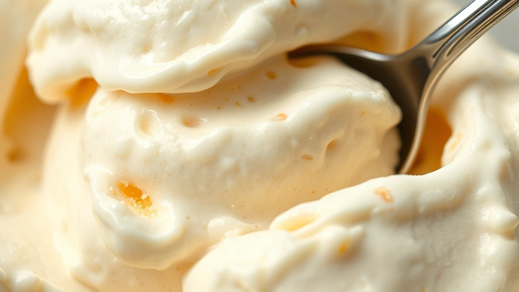 detail: close-up of silky smooth ice cream texture with visible vanilla specks, spoon in bowl, photorealistic, soft natural lighting, no text