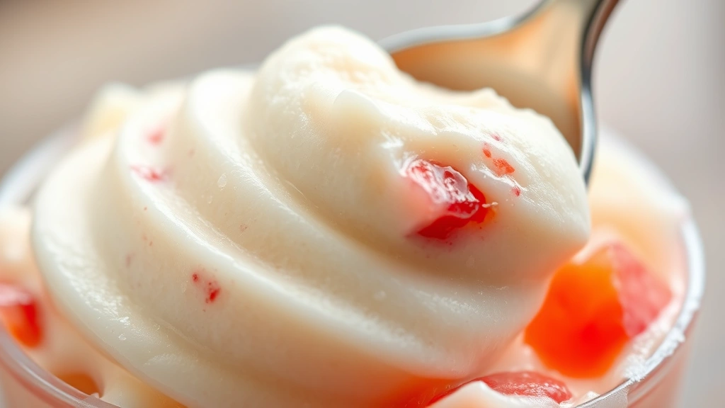 detail: close-up of creamy frozen texture being scooped from a cup, showing smooth gelato-like consistency with visible ice crystals and fruit pieces, shallow depth of field, photorealistic, no text