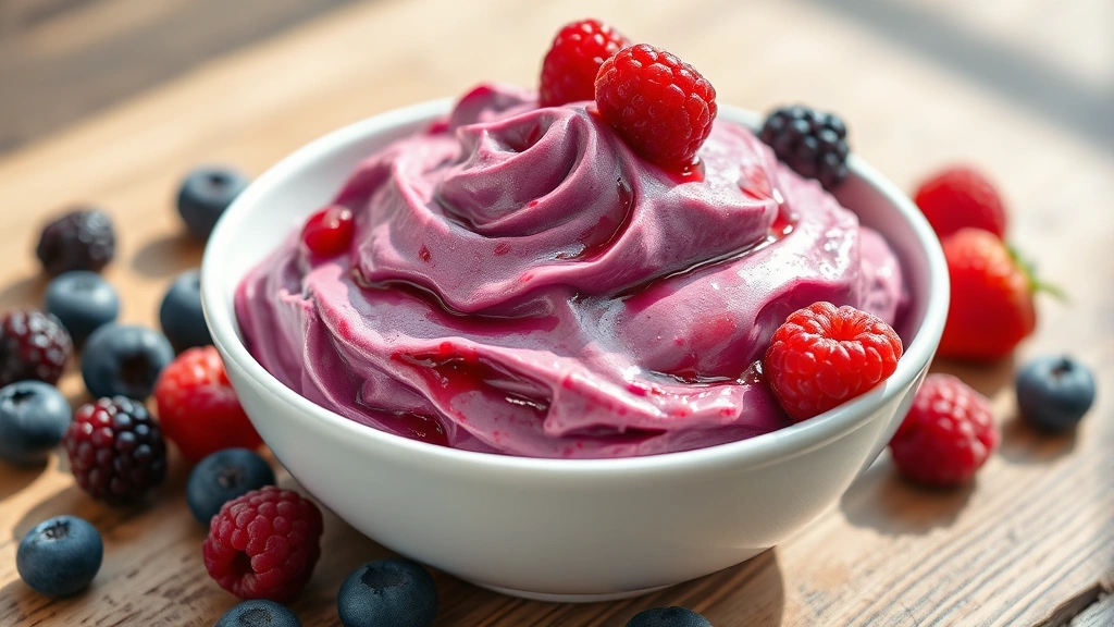 hero: Vibrant mixed berry Ninja Creami in a white bowl, glossy purple and red creamy texture, fresh whole berries scattered around, soft natural morning light streaming across wooden table, no text