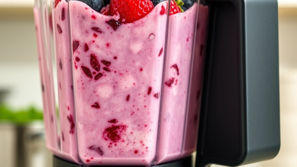 process: Ninja Creami machine processing frozen berry mixture, close-up of the cup slot, creamy texture emerging, bright kitchen lighting, no text visible