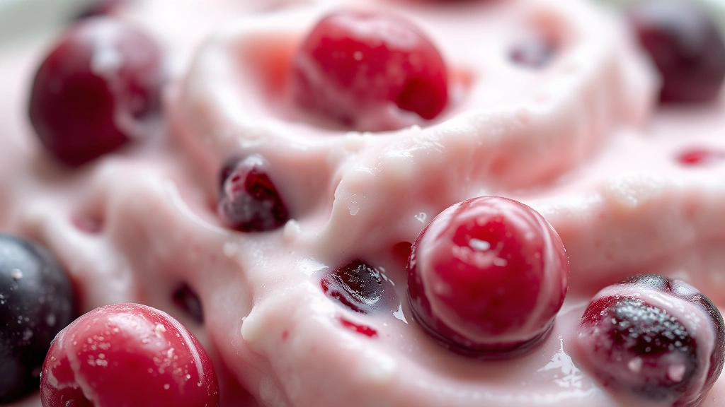 detail: Close-up macro shot of frozen berry creami showing creamy texture detail, individual berry pieces visible in the mixture, shallow depth of field, natural daylight, no text