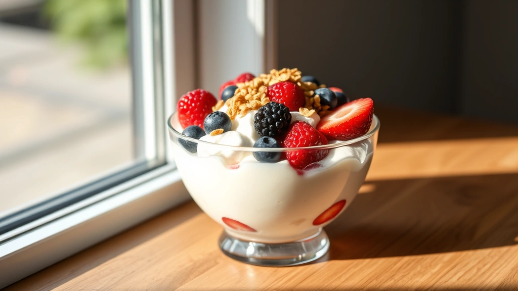 hero: Ninja Creami frozen protein dessert in a bowl with fresh berries and granola topping, creamy smooth texture, natural sunlight from window, wooden surface, no text or watermarks