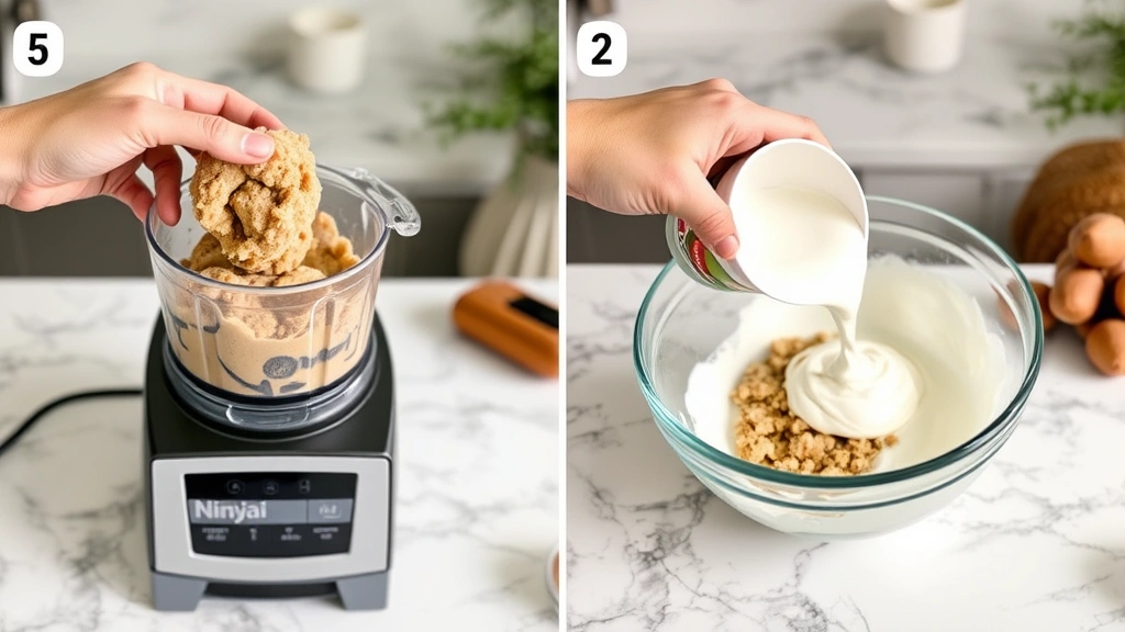 process: hands scooping frozen protein mixture into Ninja Creami machine cup, pouring Greek yogurt into mixing bowl, ingredients laid out on marble counter, natural kitchen lighting, no text