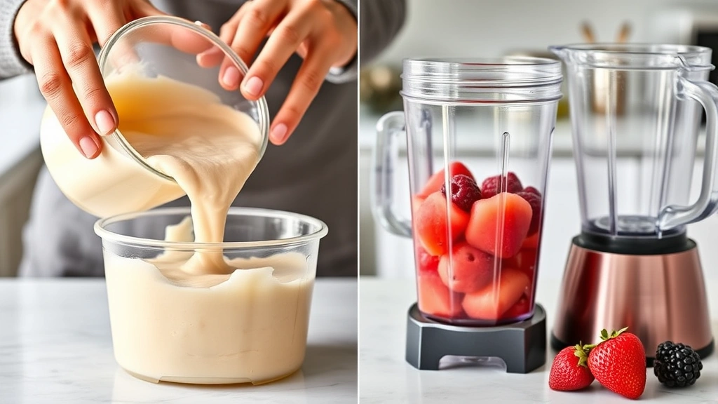 process: hands pouring smooth sorbet mixture into Creami container, fresh fruit visible in blender nearby, bright kitchen counter, photorealistic, natural light, no text