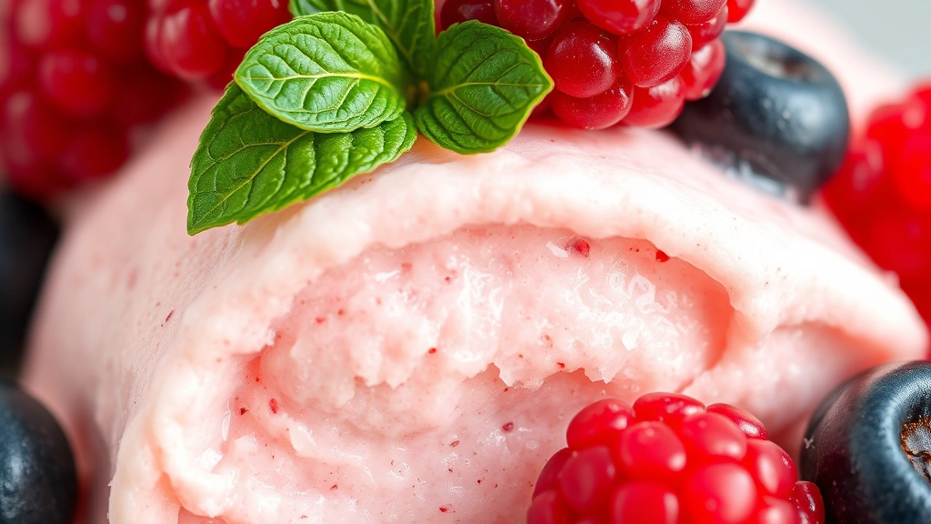 detail: close-up cross-section of creamy sorbet texture showing smooth consistency, fresh berries and mint leaf on top, macro photography, photorealistic, natural light, no text