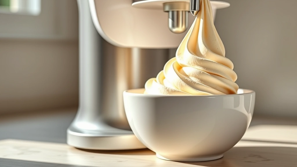 hero: creamy vanilla soft-serve ice cream being dispensed from a Ninja Creami machine into a white bowl, photorealistic, natural sunlight streaming from left, no text, professional food photography