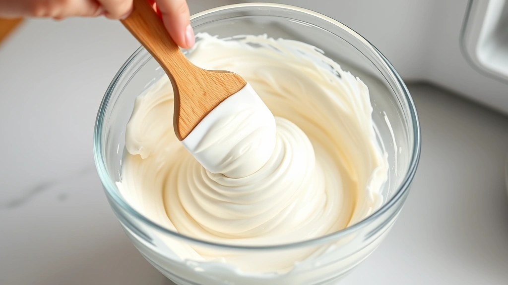 process: hand folding whipped cream and vanilla mixture together in a glass bowl with a spatula, photorealistic, natural kitchen light, no text, shallow depth of field