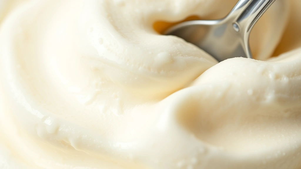detail: close-up of smooth vanilla ice cream texture with a spoon in it, photorealistic, natural light highlighting creamy swirls, no text, macro photography