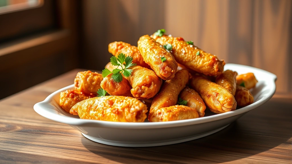 hero: golden crispy chicken wings piled on white ceramic platter, garnished with fresh parsley and sea salt, warm natural window light, professional food photography style, no text or watermarks
