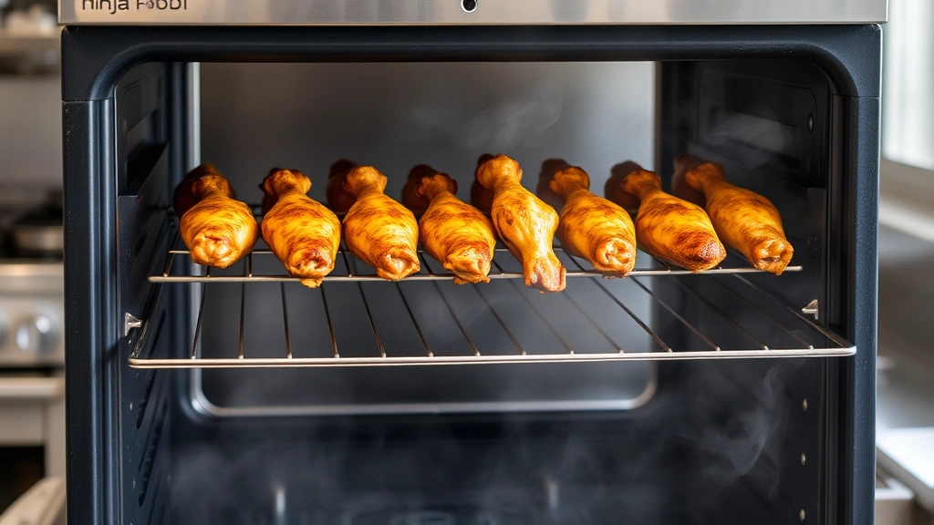 process: open Ninja Foodi showing wings on rack during air crisping phase, golden brown color visible, steam wisping, professional kitchen setting, natural daylight, no text