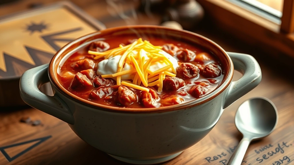 hero: steaming bowl of rich red chili with tender beef chunks visible, topped with melted cheddar cheese and sour cream, rustic wooden table background, warm natural lighting from window, cozy and inviting atmosphere, no text