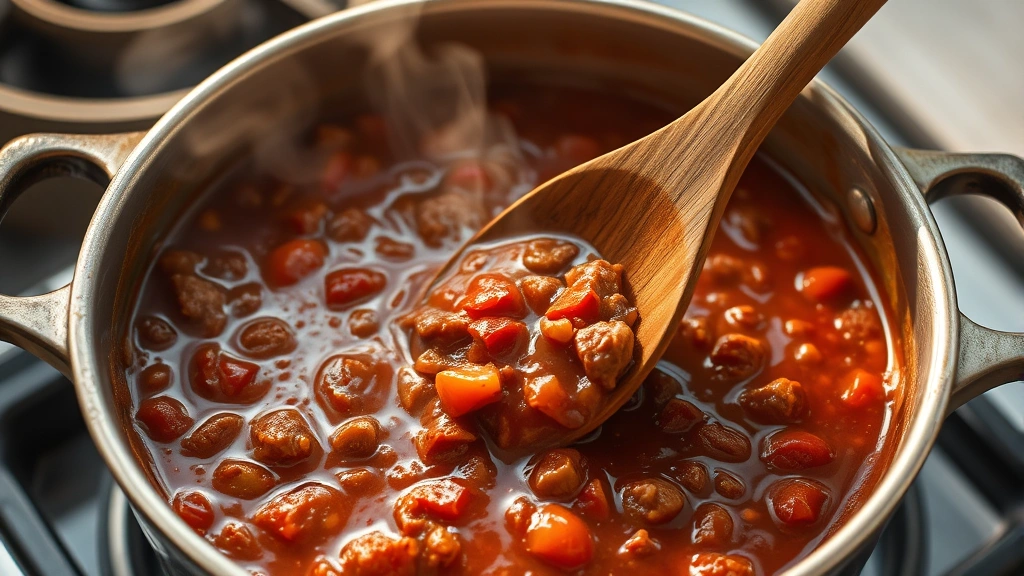 process: wooden spoon stirring pot of chili with browned beef and rich tomato sauce, stovetop burner visible, aromatic steam rising, golden afternoon light, close-up showing texture and richness, no text