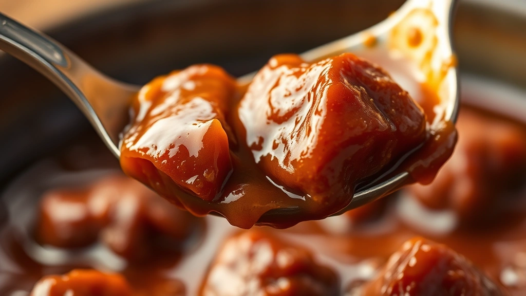 detail: close-up macro shot of individual chili with glossy beef cube, spoon lifting portion showing sauce cling, shallow depth of field, warm golden lighting highlighting colors and texture, no text