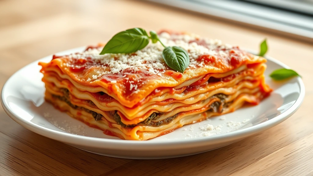 hero: finished no boil lasagna cut into squares on white plate with fresh basil garnish and grated Parmesan, photorealistic, warm natural window light, no text