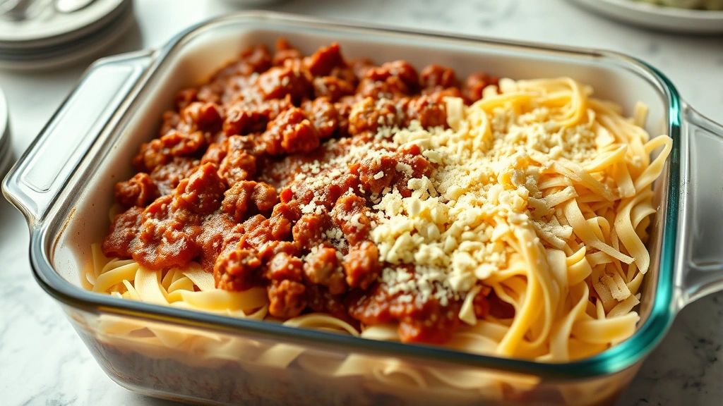 process: layers of no boil noodles, meat sauce, and cheese mixture being assembled in baking dish, photorealistic, bright kitchen light, no text