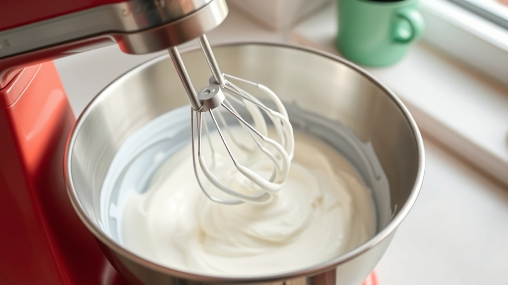 process: electric mixer whipping cold heavy cream to stiff peaks in stainless steel bowl, photorealistic, kitchen counter setting with natural light, no text