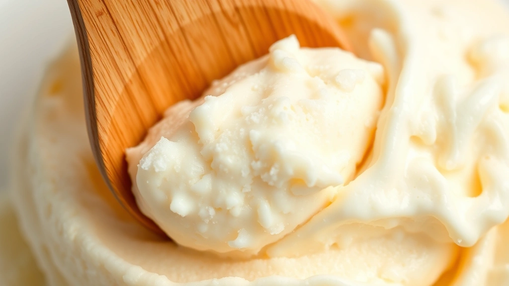 detail: close-up macro shot of creamy ice cream texture with wooden spoon, photorealistic, showing rich frozen consistency and smooth surface, no text