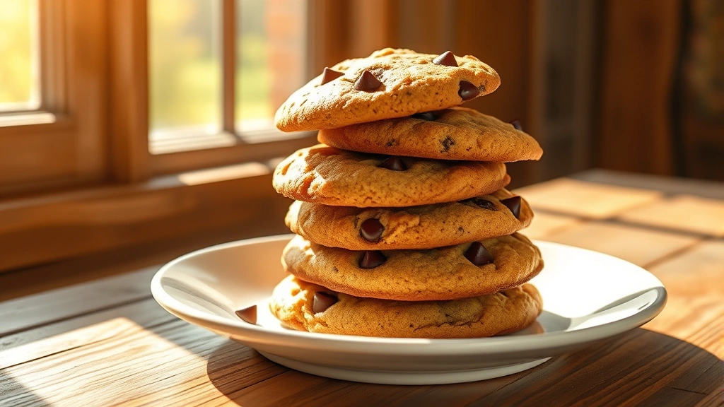 hero: golden brown no egg cookies stacked on white plate with chocolate chips visible, warm natural sunlight streaming through window, rustic wooden table background, photorealistic, no text