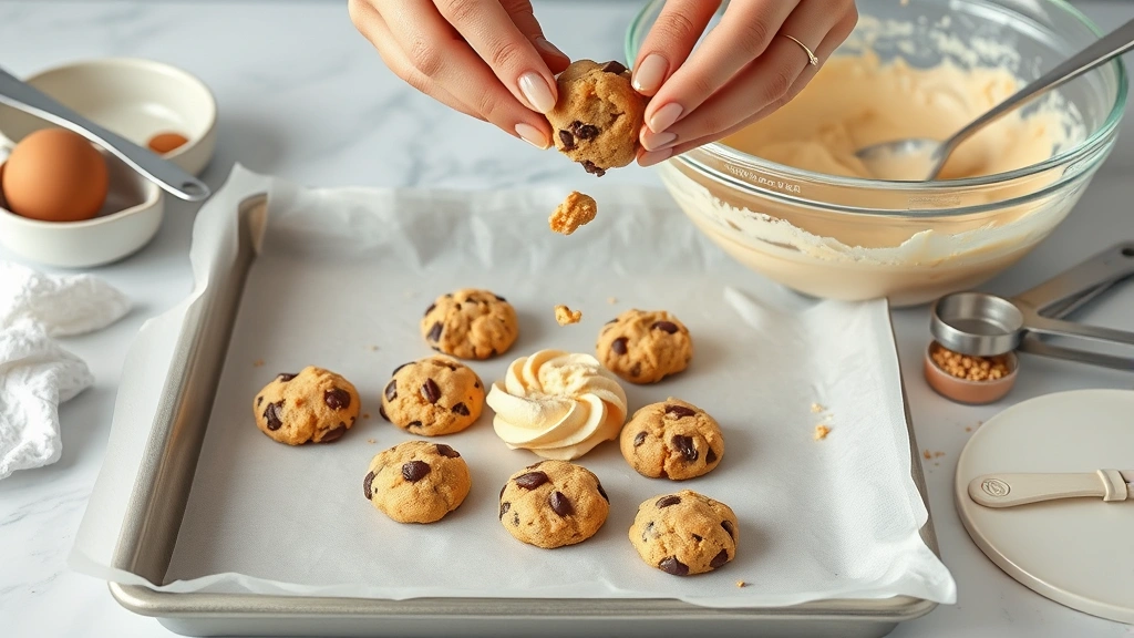 process: hands dropping cookie dough onto parchment-lined baking sheet, mixing bowl with cream-colored batter nearby, measuring spoons and ingredients visible, photorealistic, natural light, no text