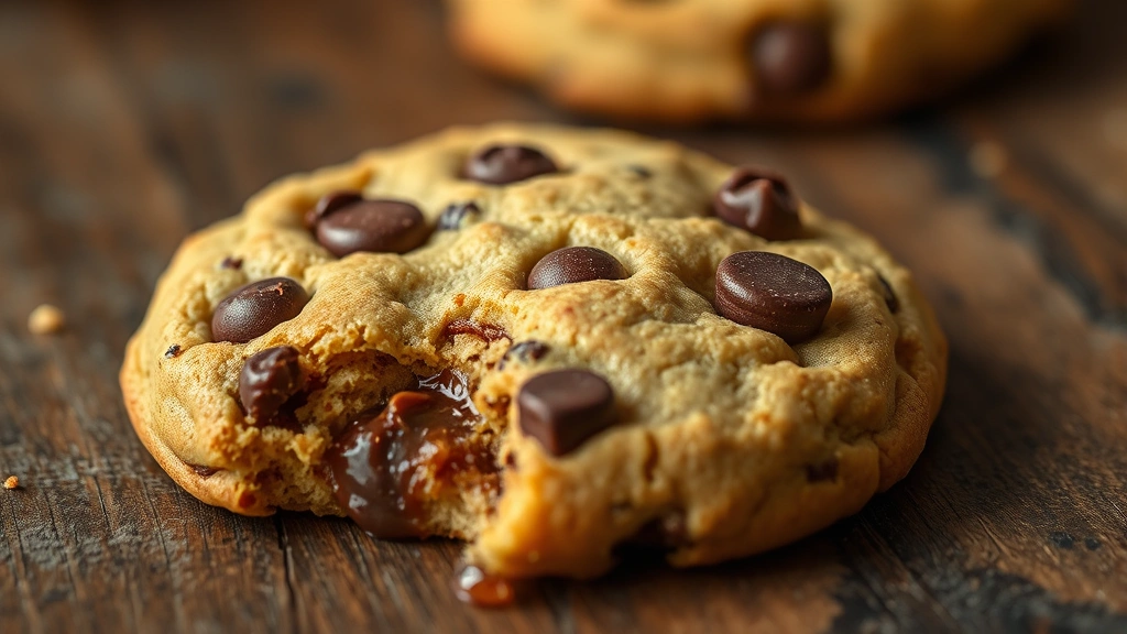 detail: close-up of freshly baked warm cookie with melted chocolate chips and nut pieces, steam rising slightly, rustic wooden surface, photorealistic, natural light, no text