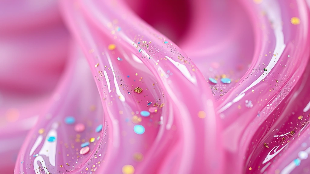 detail: close-up macro of slime texture showing stretchy strands, glitter particles visible within, oil sheen glistening, shallow depth of field, vibrant colors