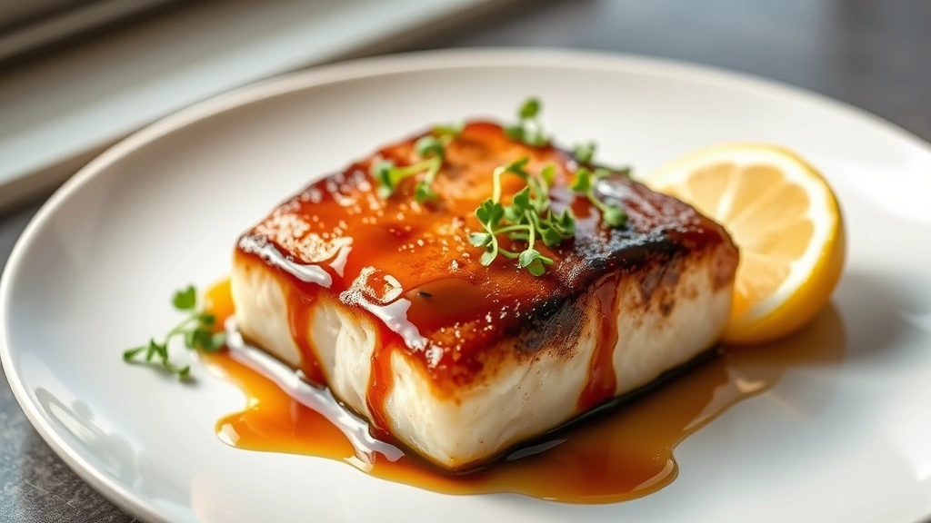 hero: perfectly cooked black cod fillet with glossy caramelized miso glaze on white plate, garnished with microgreens and lemon wedge, photorealistic, soft natural window light, shallow depth of field, no text