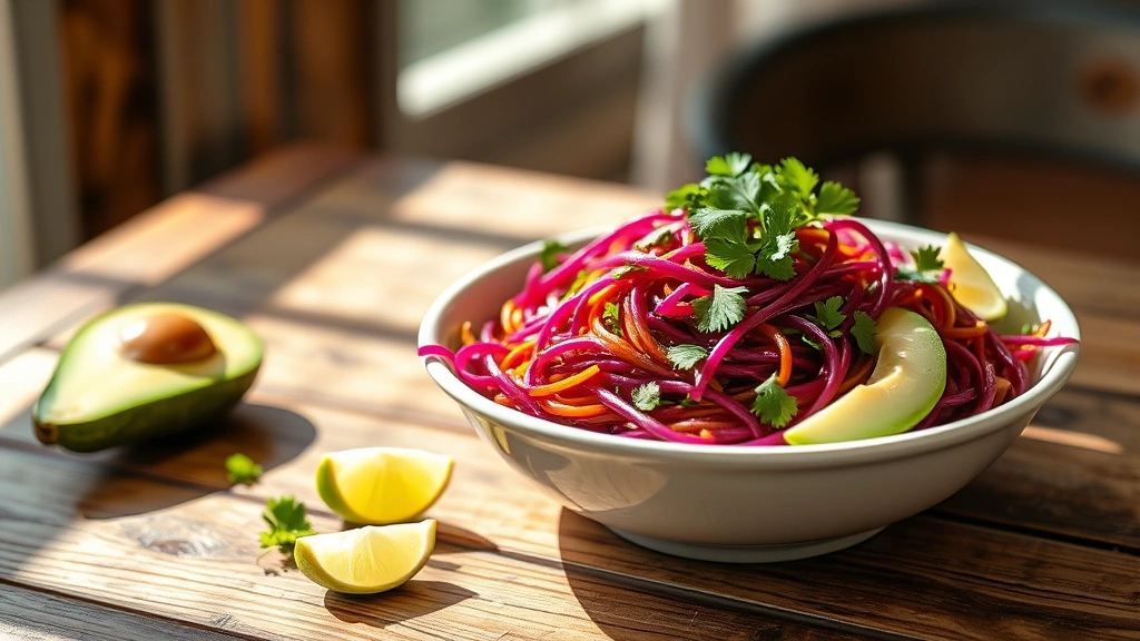hero: vibrant nopales salad in a white ceramic bowl, fresh cilantro garnish, sliced avocado visible, lime wedges beside bowl, natural sunlight streaming across rustic wooden table, shallow depth of field, appetizing food photography