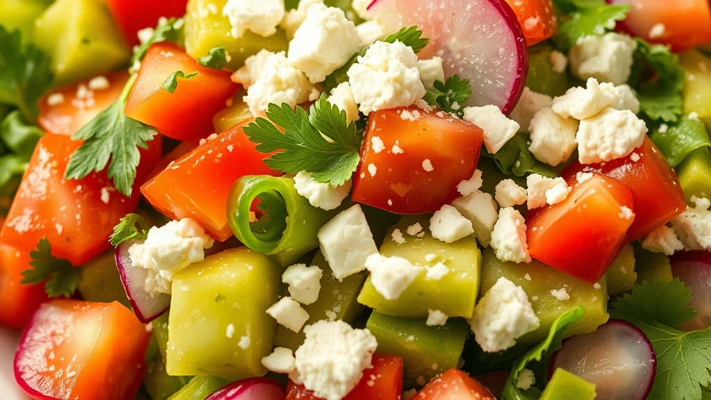 detail: close-up macro shot of assembled nopales salad showing texture of cactus pieces, fresh cilantro, diced tomatoes, radish slices, cotija cheese crumbles, lime dressing glistening, natural daylight, vibrant colors