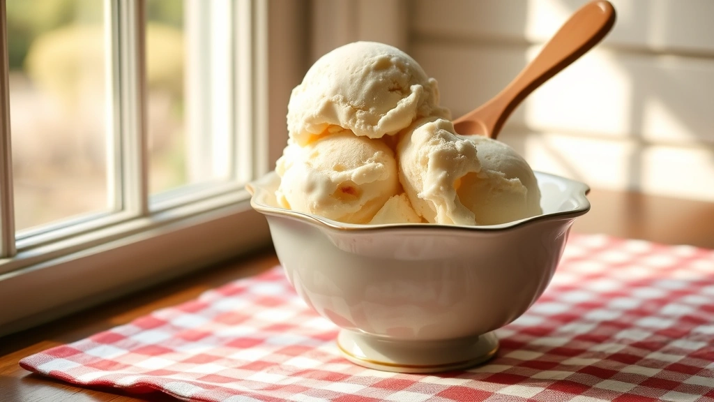 hero: creamy vanilla ice cream in a vintage bowl with a wooden spoon, soft natural window light, classic preppy style setting with gingham cloth