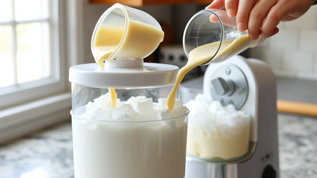 process: hand-crank ice cream maker in action with crushed ice and salt visible, pouring custard mixture, natural daylight through kitchen window
