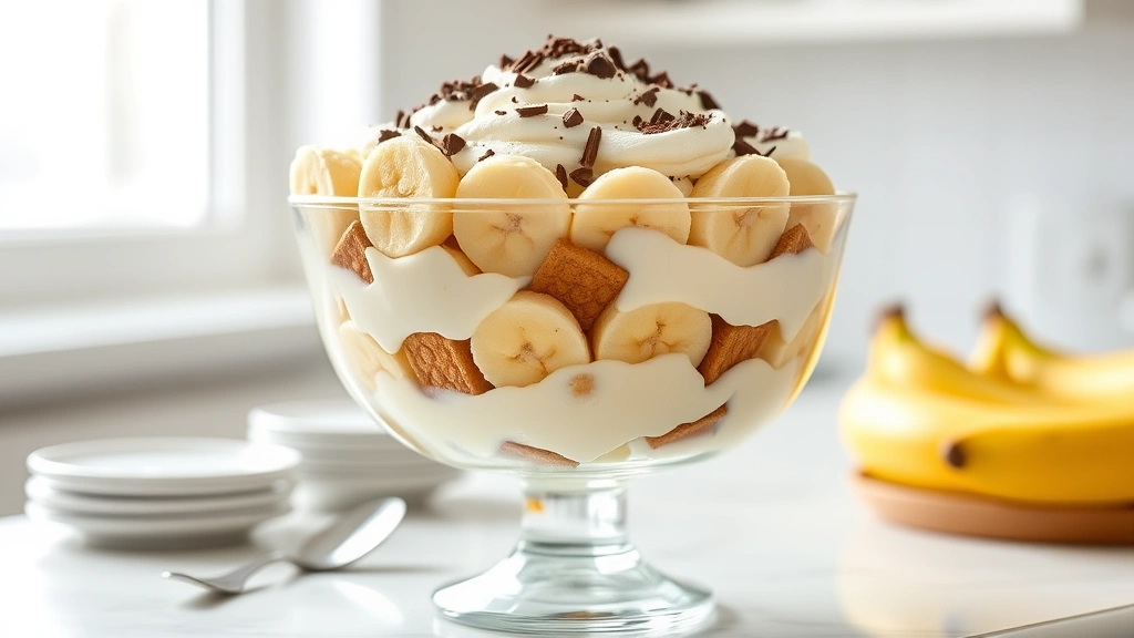 hero: elegant banana pudding in clear trifle bowl showing beautiful layers of vanilla wafers, custard, bananas and cream, topped with whipped cream and chocolate shavings, natural window light, clean white background, styled like preppy kitchen aesthetic