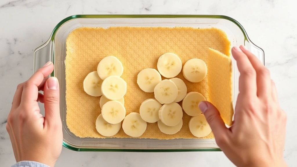 process: hands layering vanilla wafers into glass baking dish with custard and banana slices visible, natural kitchen lighting, overhead shot, showing assembly technique