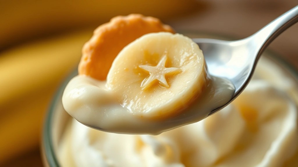 detail: close-up macro shot of single spoonful of banana pudding showing all layers - creamy custard, crispy wafer, fresh banana slice, and fluffy cream, shallow depth of field, warm natural light