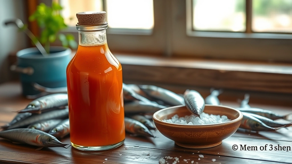 hero: amber-colored Vietnamese nuoc mam fish sauce in traditional glass bottle and small ceramic bowl, surrounded by fresh anchovies and sea salt, photorealistic, natural window light, wooden table background, no text