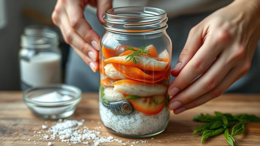process: layering fresh fish and sea salt in clear glass jar during nuoc mam preparation, hands visible, photorealistic, natural light, no text