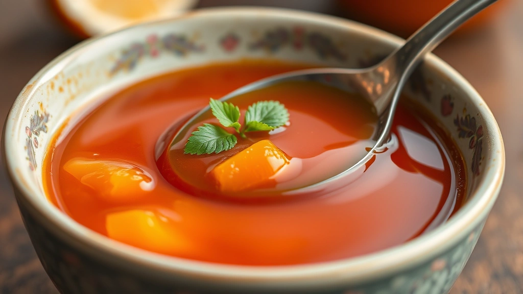 detail: close-up of amber nuoc mam sauce in ceramic bowl with spoon, showing rich color and clarity, photorealistic, natural light, no text