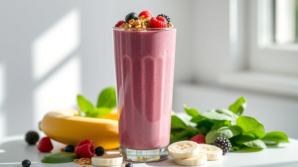 hero: vibrant NutriBullet smoothie in tall glass, creamy purple-pink color, topped with granola and fresh berries, surrounded by fresh spinach leaves and banana slices, natural sunlight streaming through window, minimalist white background, preppy kitchen aesthetic