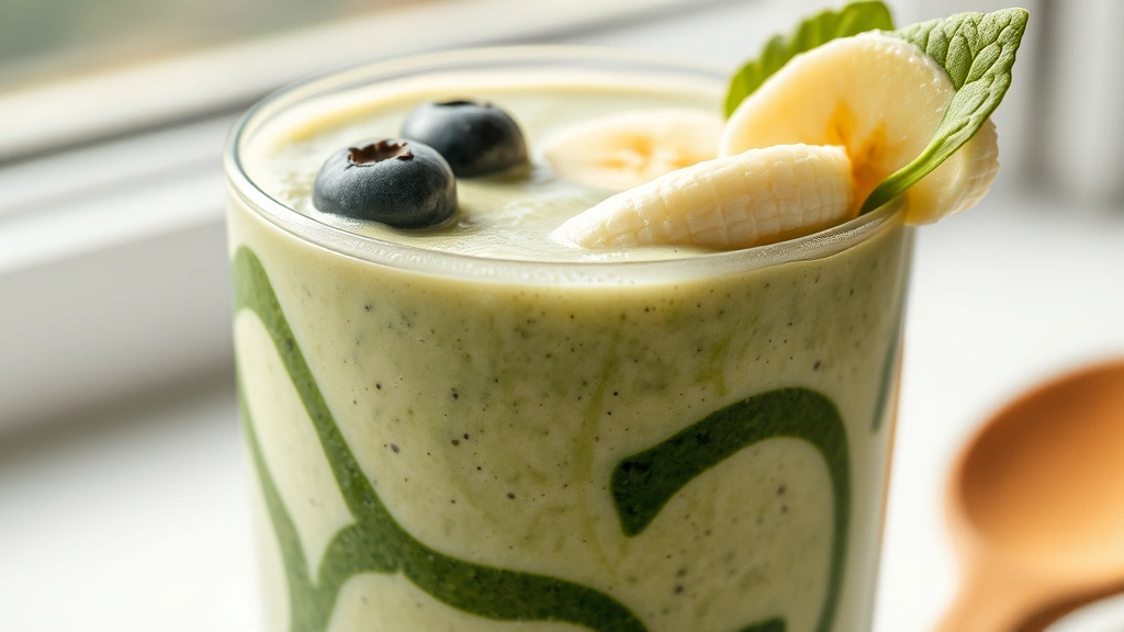 detail: close-up cross-section of finished smoothie showing creamy texture with visible spinach swirls, fresh blueberries and banana slices on rim of glass, foam layer on top, natural window light, rustic wooden spoon beside glass
