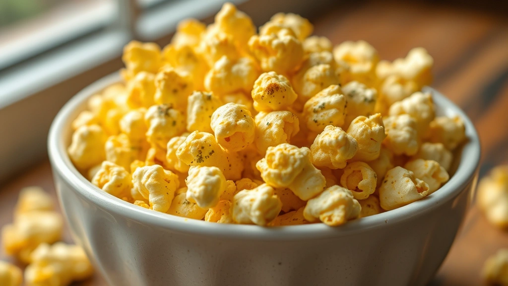 hero: golden popcorn coated in bright yellow nutritional yeast with visible garlic and herb seasonings, photorealistic, natural window light, shallow depth of field, no text, served in a rustic white bowl