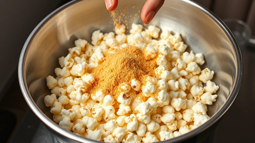 process: hands tossing warm buttered popcorn with nutritional yeast powder in a large stainless steel bowl, photorealistic, natural kitchen light, action shot mid-toss, no text