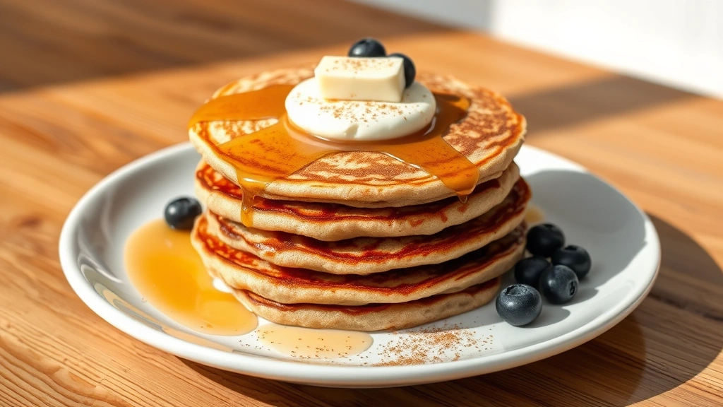 hero: stack of three fluffy golden-brown oat flour pancakes topped with fresh blueberries, maple syrup drizzle, Greek yogurt dollop, and a sprinkle of cinnamon, sitting on a white ceramic plate with butter melting on top, natural morning sunlight streaming across, wood table background, photorealistic, no text