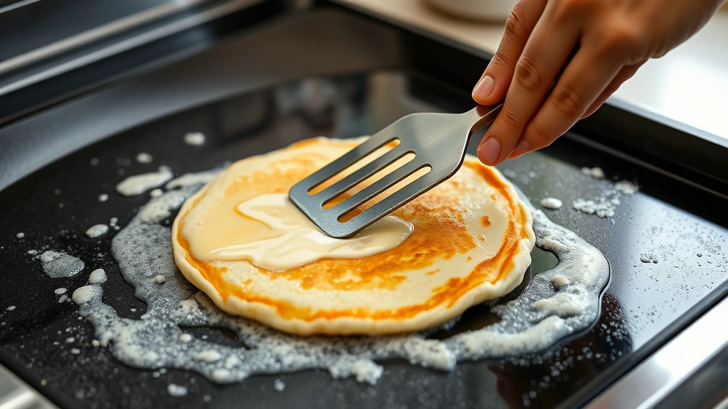 process: hands flipping golden pancake on a buttered griddle, batter bubbling on surface, stainless steel spatula mid-flip, steam rising, close kitchen setting with natural window light, photorealistic, no text