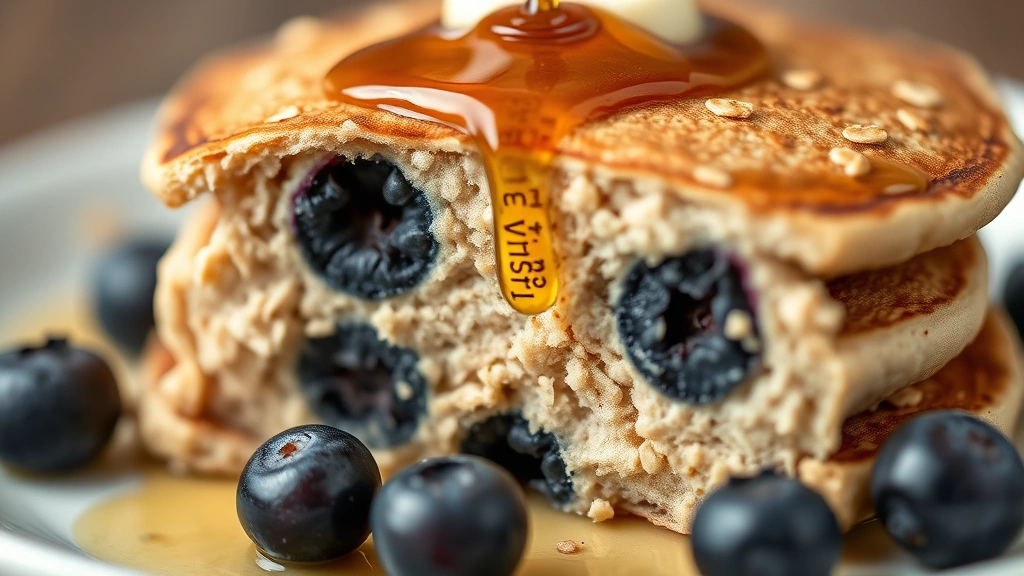 detail: close-up cross-section of a single oat flour pancake showing fluffy interior texture with blueberries embedded inside, drizzle of maple syrup on top, shallow depth of field, photorealistic, no text
