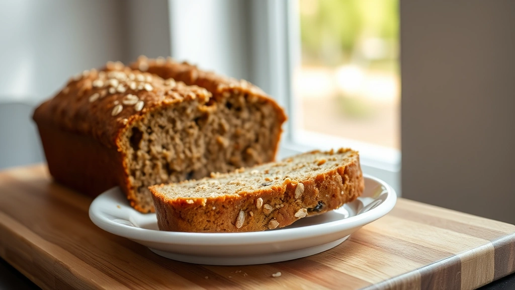 hero: sliced oatmeal banana bread loaf on a white ceramic plate, warm golden-brown exterior visible, soft crumb interior with oats visible, natural morning light streaming through kitchen window, wooden cutting board beside plate, no text or watermarks