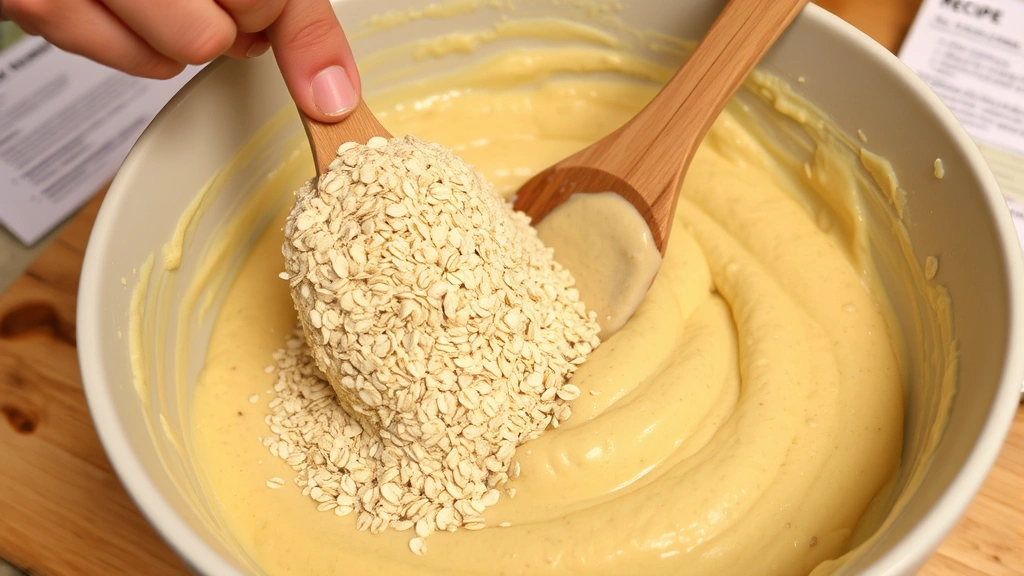 process: hands folding oat mixture into banana bread batter in a large ceramic bowl with a wooden spatula, creamy yellow batter with oats being incorporated, warm kitchen lighting, recipe card blurred in background, no text