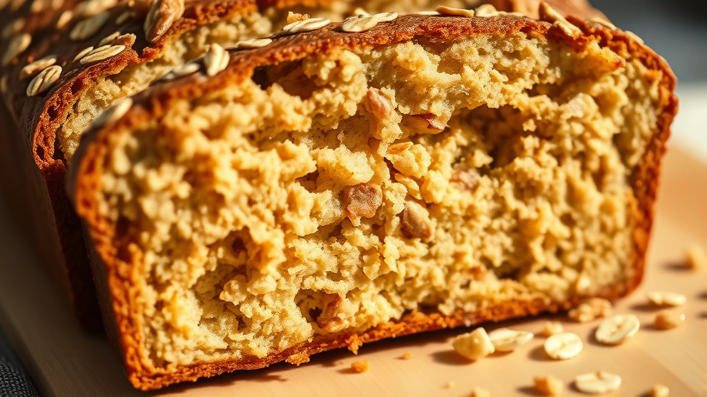 detail: close-up cross-section of sliced oatmeal banana bread showing moist tender crumb with visible oat pieces and flecks of banana, shallow depth of field, warm natural sunlight, no text or branding