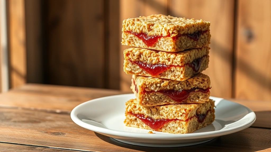 hero: golden oatmeal bars with jam filling stacked on a white plate, natural sunlight streaming across, rustic wooden table background, no text